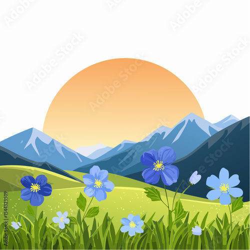 Green grass with wild blue flowers in the mountains at sunset. Beautiful summer landscape