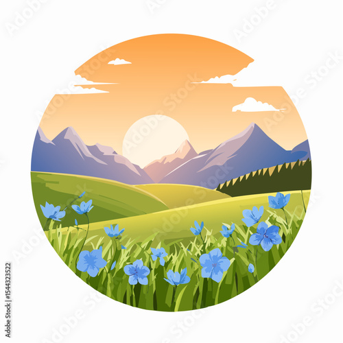 Green grass with wild blue flowers in the mountains at sunset. Beautiful summer landscape