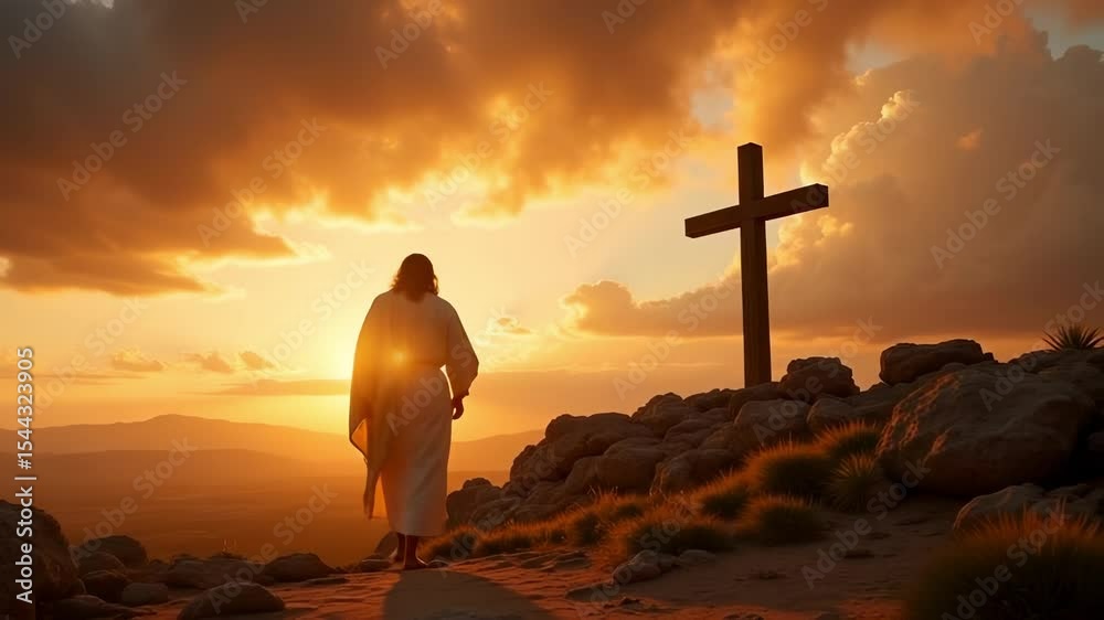 Jesus Christ in a white robe walks towards a cross under a radiant sun a 4K video footage of religious faith