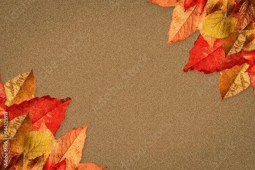Clusters of autumn leaves are spreading across flat design textured brown paper surface corners
