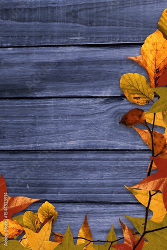 Autumn leaves and twigs are forming border on weathered blue wood planks, flat design, copy space