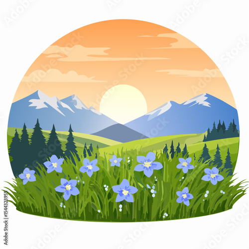 Green grass with wild blue flowers in the mountains at sunset. Beautiful summer landscape