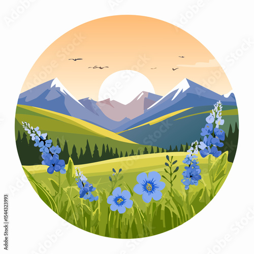 Green grass with wild blue flowers in the mountains at sunset. Beautiful summer landscape