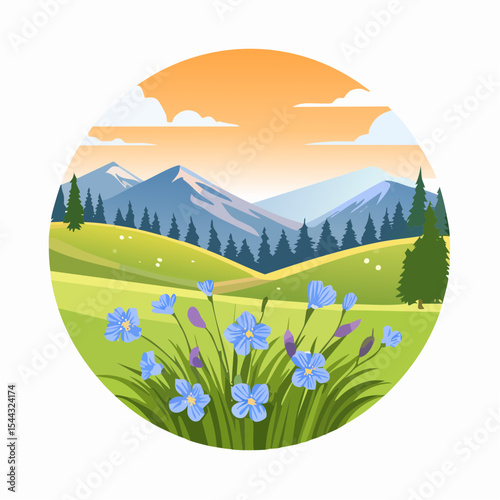 Green grass with wild blue flowers in the mountains at sunset. Beautiful summer landscape