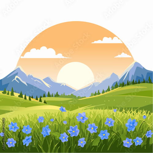 Green grass with wild blue flowers in the mountains at sunset. Beautiful summer landscape