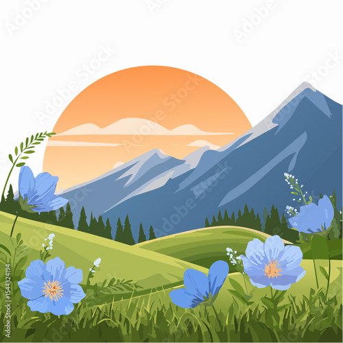 Green grass with wild blue flowers in the mountains at sunset. Beautiful summer landscape