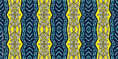 African ethnic traditional blue and yellow pattern. seamless beautiful Kitenge, chitenge,Ankara style. fashion design in colorful. Geometric abstract motif. Ankara prints, African wax prints.