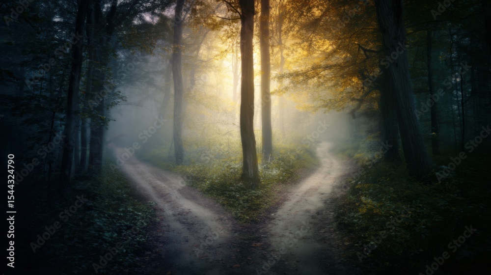 Fototapeta premium Serene forest scene with two diverging dirt paths surrounded by lush green undergrowth, tall stately trees, soft ethereal mist, and golden sunlight filtering through the canopy.