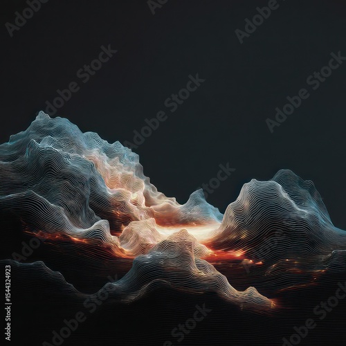 Waves of light illuminating a dark space, driven by explosive particles and complex patterns.