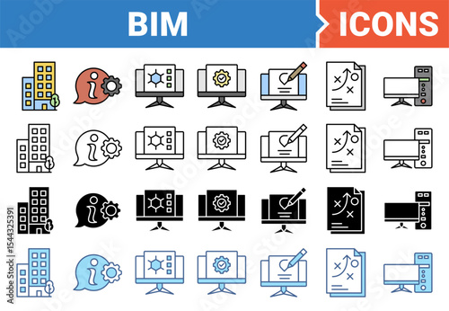 Building information modeling banner icon set with multiple style collection.