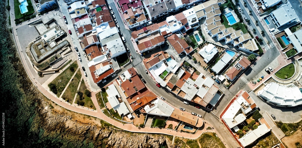 Fototapeta premium Bird's-eye view showing tiled roofs, winding roads and rooftop pools by rocky shore, flat design