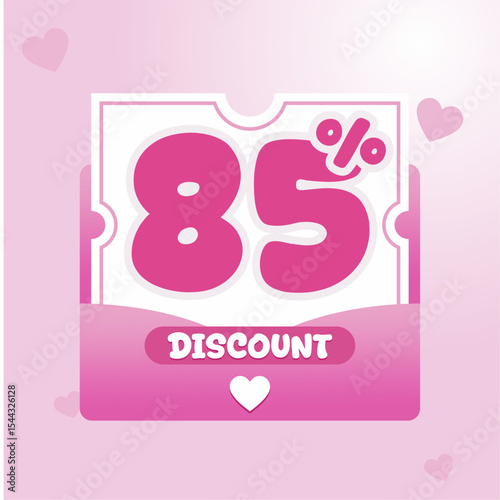 discount voucher design in pink with heart icons and rounded typography. Ideal for Valentine sale banner, beauty product promotion, and feminine ecommerce campaign.