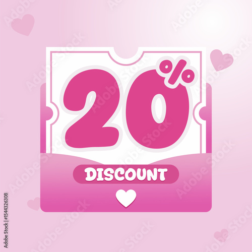 discount voucher design in pink with heart icons and rounded typography. Ideal for Valentine sale banner, beauty product promotion, and feminine ecommerce campaign.