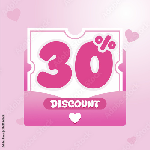 discount voucher design in pink with heart icons and rounded typography. Ideal for Valentine sale banner, beauty product promotion, and feminine ecommerce campaign.