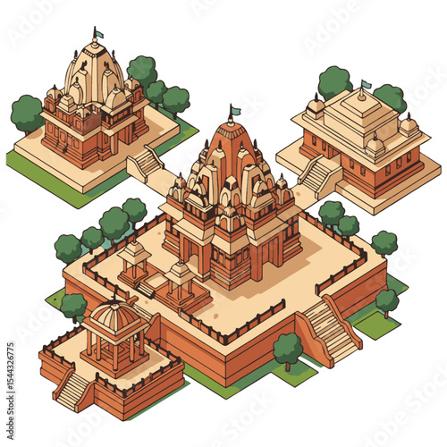 Isometric illustration showcasing a Hindu temple complex with multiple structures, pathways, and surrounding trees. The vector art style renders a modern aesthetic suitable for travel posters