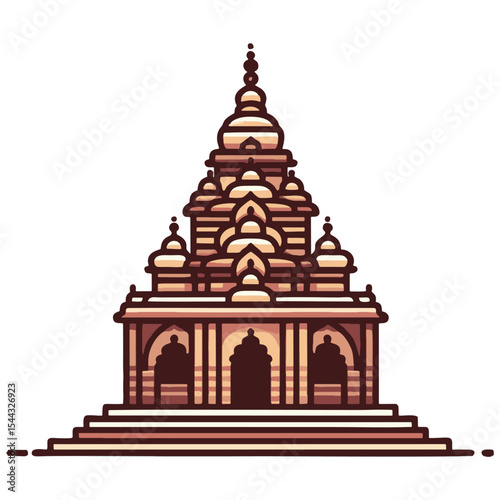 Eine stilisierte Illustration zeigt einen asiatischen Tempel mit abgestuften Ebenen und gewölbten Öffnungen, dargestellt in warmen Erdtönen und mit scharfen Konturen
