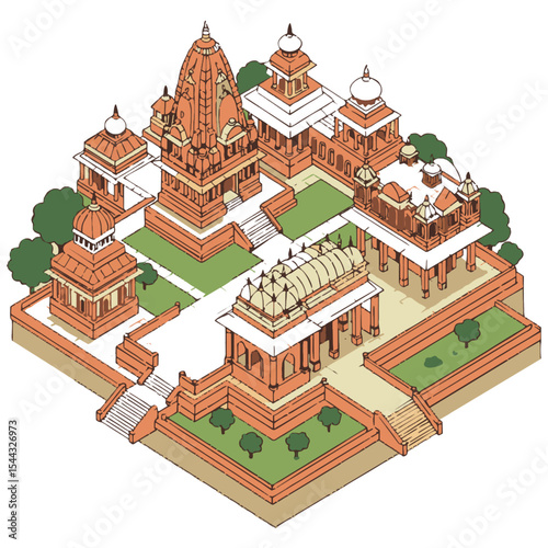 Detaillierte isometrische Vektordarstellung eines hinduistischen Tempelkomplexes mit komplexer Architektur und Gestaltung. Diese Illustration eignet sich ideal für Projekte im Bereich Kulturerbe