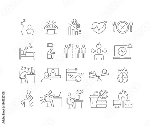 Remote Work Fatigue and Stress Editable Stroke Icons Showing Burnout, Deadline Pressure, Posture Pain, Focus Loss, Anxiety, and Unhealthy Lifestyle in Thin Line Style