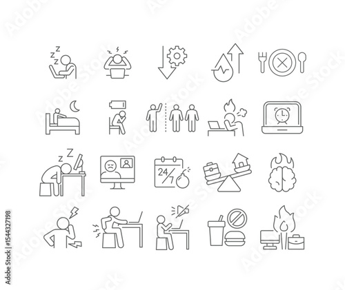 Editable Stroke Icon Set Illustrating Remote Worker Fatigue, Burnout, Sleep Problems, Mental Stress, Low Energy, and Health Decline in Work from Home Situations