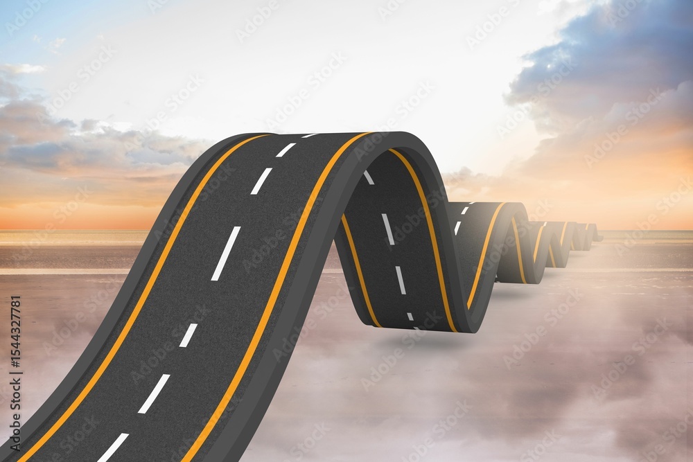 Obraz premium surreal aerial scene showing twisting asphalt road floating above clouds at sunrise in flat design