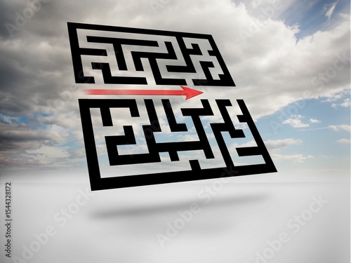 Digitally generated maze with arrow in sky