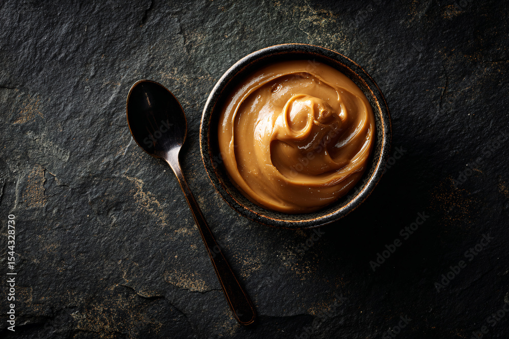 Fototapeta premium a bowl of peanut butter with a spoon