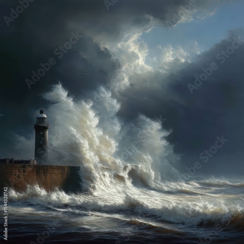 Intense ocean storm with massive waves and a lighthouse standing resilient against natureA's fury. photo