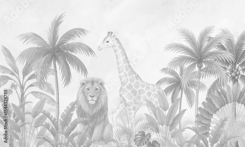 Wallpaper Mural Timeless Wildlife Mural: Faded Brown Lion, Giraffe in Tropical Forest Scene for Kids Rooms Torontodigital.ca