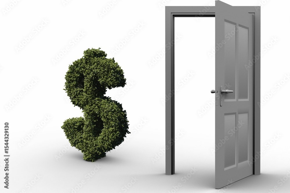 Obraz premium Dollar sign by open door against white background