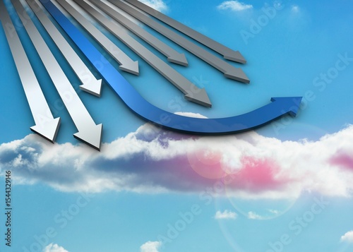 Blue and grey curved arrows pointing against sky