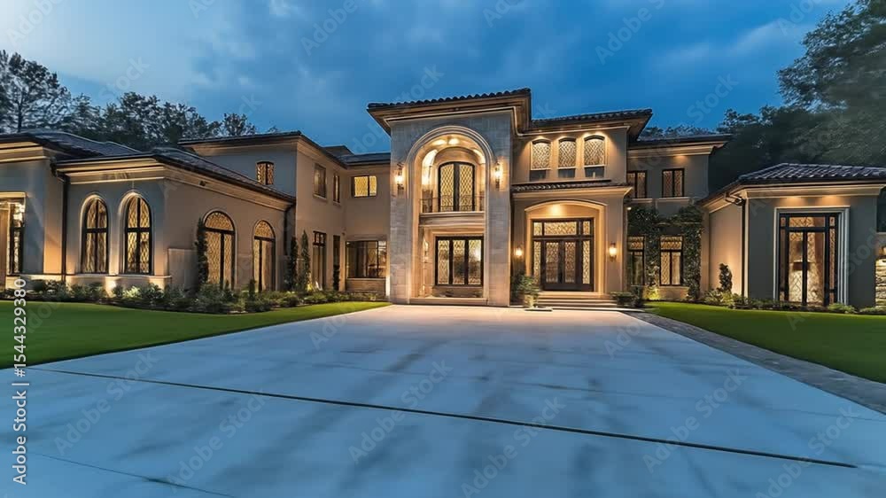 Luxury Estate Home Exterior at Dusk Showcasing Architecture and Landscape Design Luxury Estate Home Exterior at Dusk Showcasing Architecture and Landscape Design