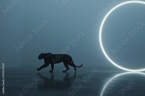 A black panther walks slowly past a glowing neon ring in a misty, futuristic space. The scene is sleek, dark, and cinematic with a cool, modern feel.