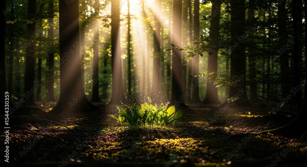 Obraz premium Sunbeams Illuminating a Mystical Forest Path A Breathtaking Nature Photography