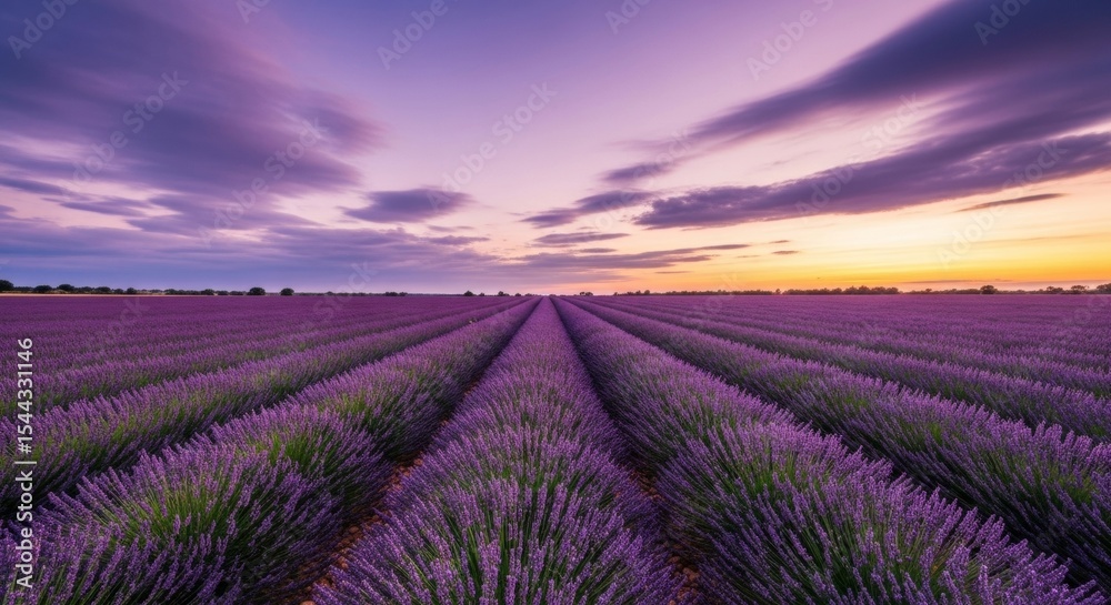 Obraz premium Enchanting Lavender Fields at Sunset A Breathtaking View of Purple Blossoms Under a Vivid Sky