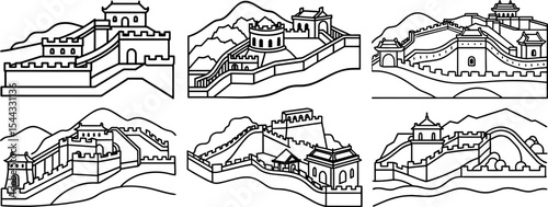 Set of  Great Wall of China line art drawing
