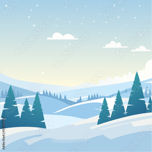 winter landscape with trees in the foreground and hills covered by snow