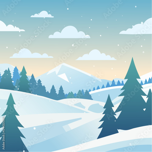 winter landscape with trees in the foreground and hills covered by snow