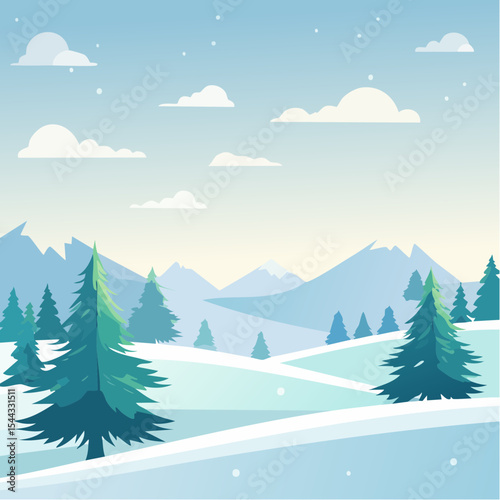 winter landscape with trees in the foreground and hills covered by snow