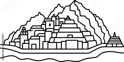 Machu Picchu outline vector illustrations

