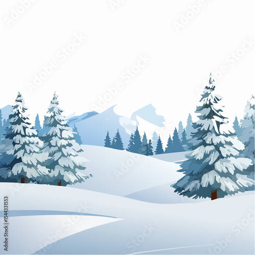 winter landscape with trees in the foreground and hills covered by snow