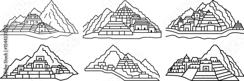 Set of  Machu Picchu outline vector illustrations
