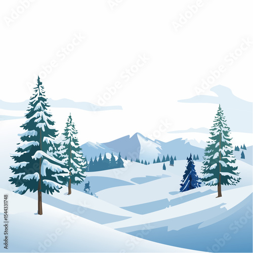 winter landscape with trees in the foreground and hills covered by snow