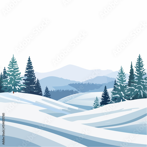 winter landscape with trees in the foreground and hills covered by snow