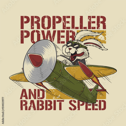 Retro Cartoon Bunny Pilot Flying Vintage Fighter Plane