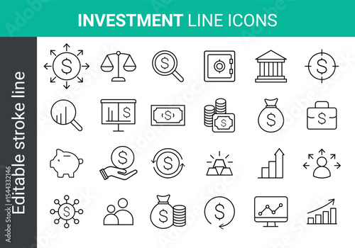 Editable Investment Line Icons Finance, Banking, and Growth Symbols