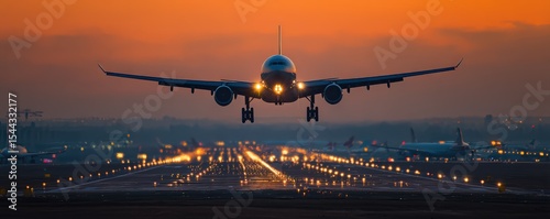 A commercial airplane is landing on a runway during sunset, with the airport lights illuminating the path and a vibrant orange sky in the background.