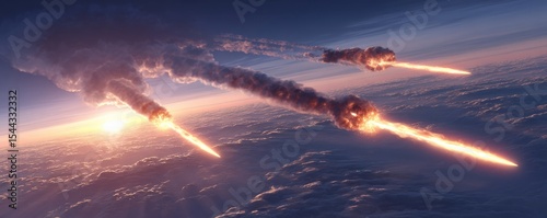 A dramatic scene showing multiple fiery meteors streaking through the sky above a cloud-covered Earth at sunset.