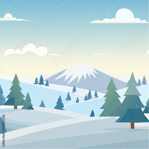 winter landscape with trees in the foreground and hills covered by snow