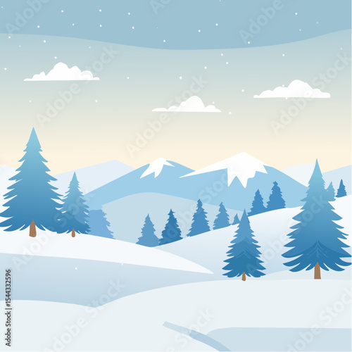winter landscape with trees in the foreground and hills covered by snow