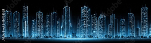 A futuristic digital cityscape featuring illuminated skyscrapers and glowing outlines against a dark background, symbolizing advanced urban technology and modern architecture.